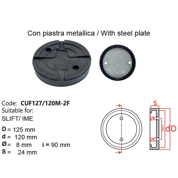 Cuff pad with metal plate for two-post hydraulic lifts - CUF127/120M-2F - For lift models: SLIFT and AMI Cuff pad with metal plate for two-post hydraulic lifts - CUF127/120M-2F - For lift models: SLIFT and AMI